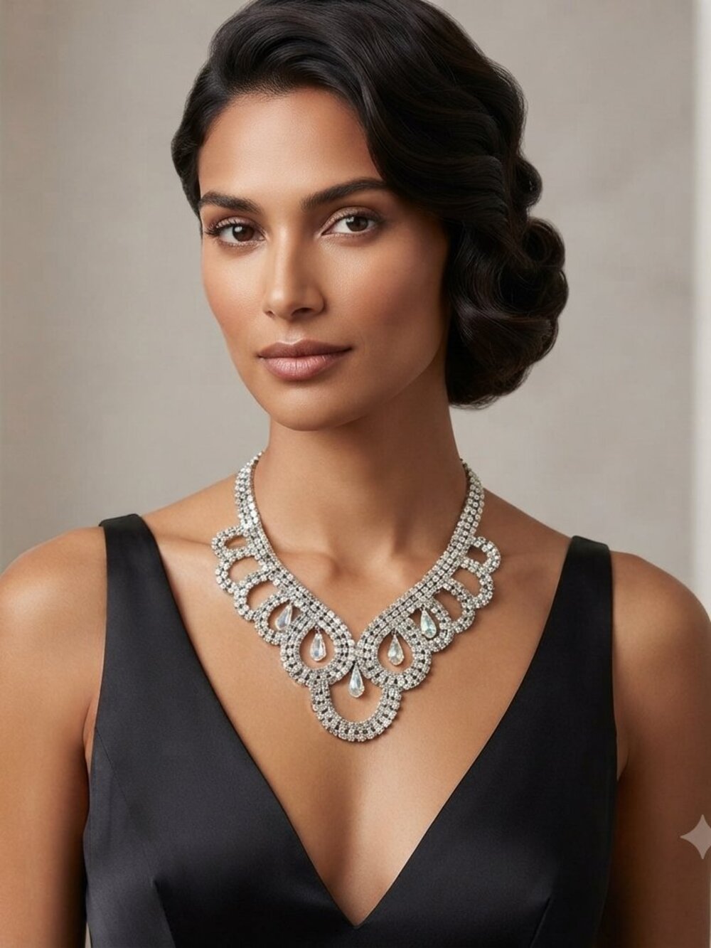 Bijou silver rhinestone bib necklace Clear rhinestones with iridescent teardrop